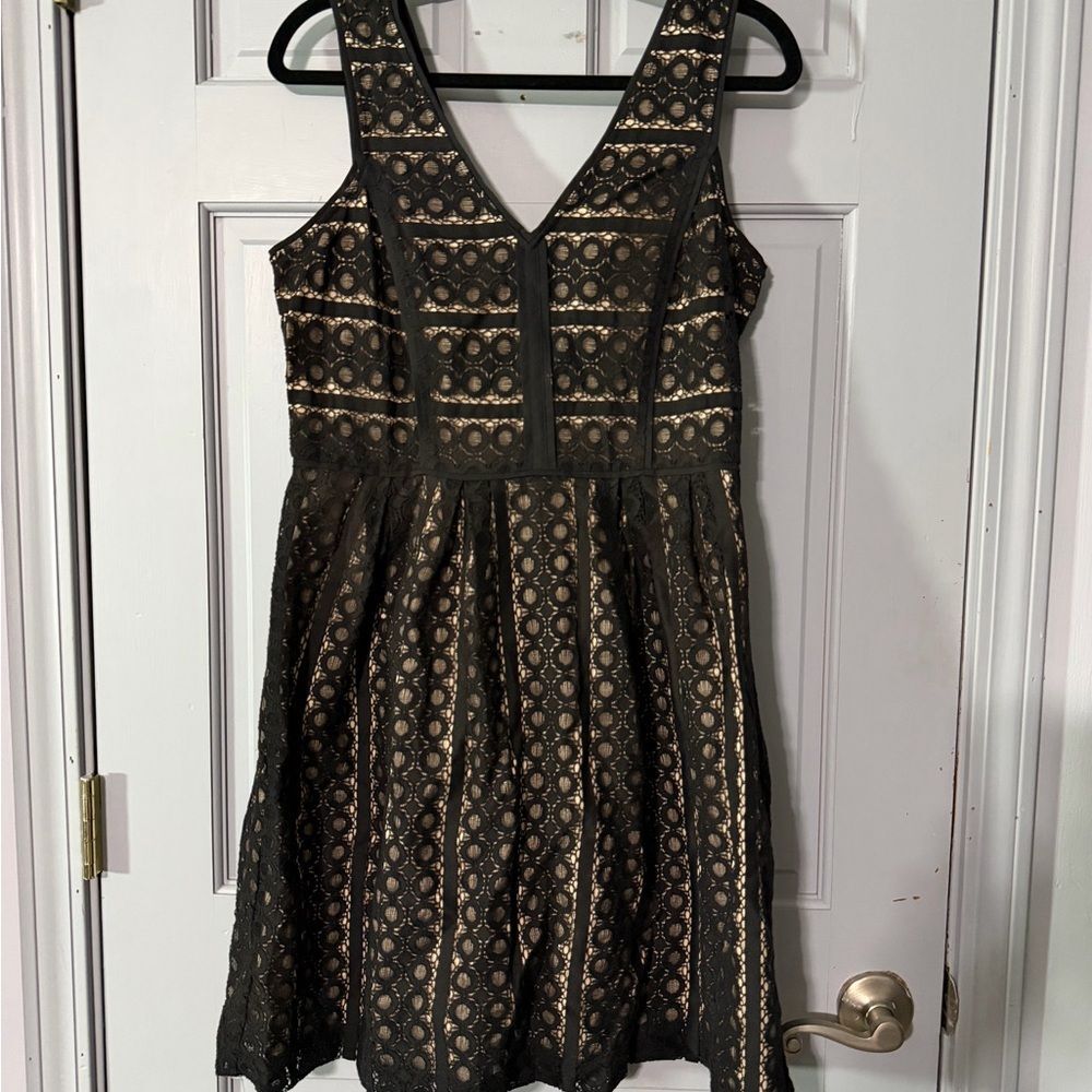 LOFT Black Lace Fit Flare Dress V Neck Sleeveless A Line Cocktail Mini